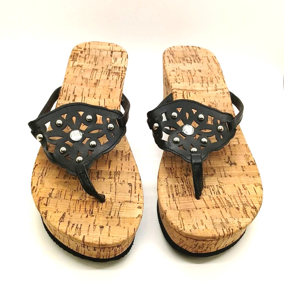 Size 7-8 Sandal Flip Flop Wedge Shoe Black with Bling Glam - Picture 9 of 10